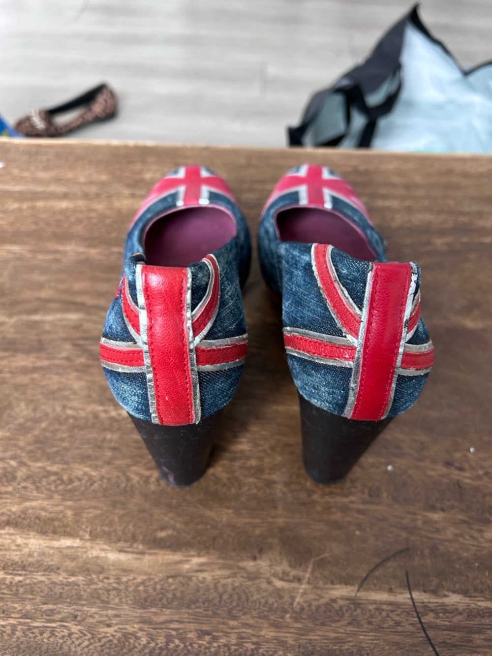 Atrai Blue Denim Heels Red White Union Jack Y2K British Flag Pumps Retro Shoes - Picture 4 of 9